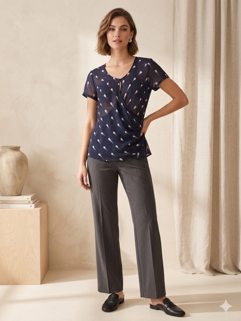 Mexx Navy Blue Short-Sleeve Draped Blouse with Light Pink Motif Abstract Print.